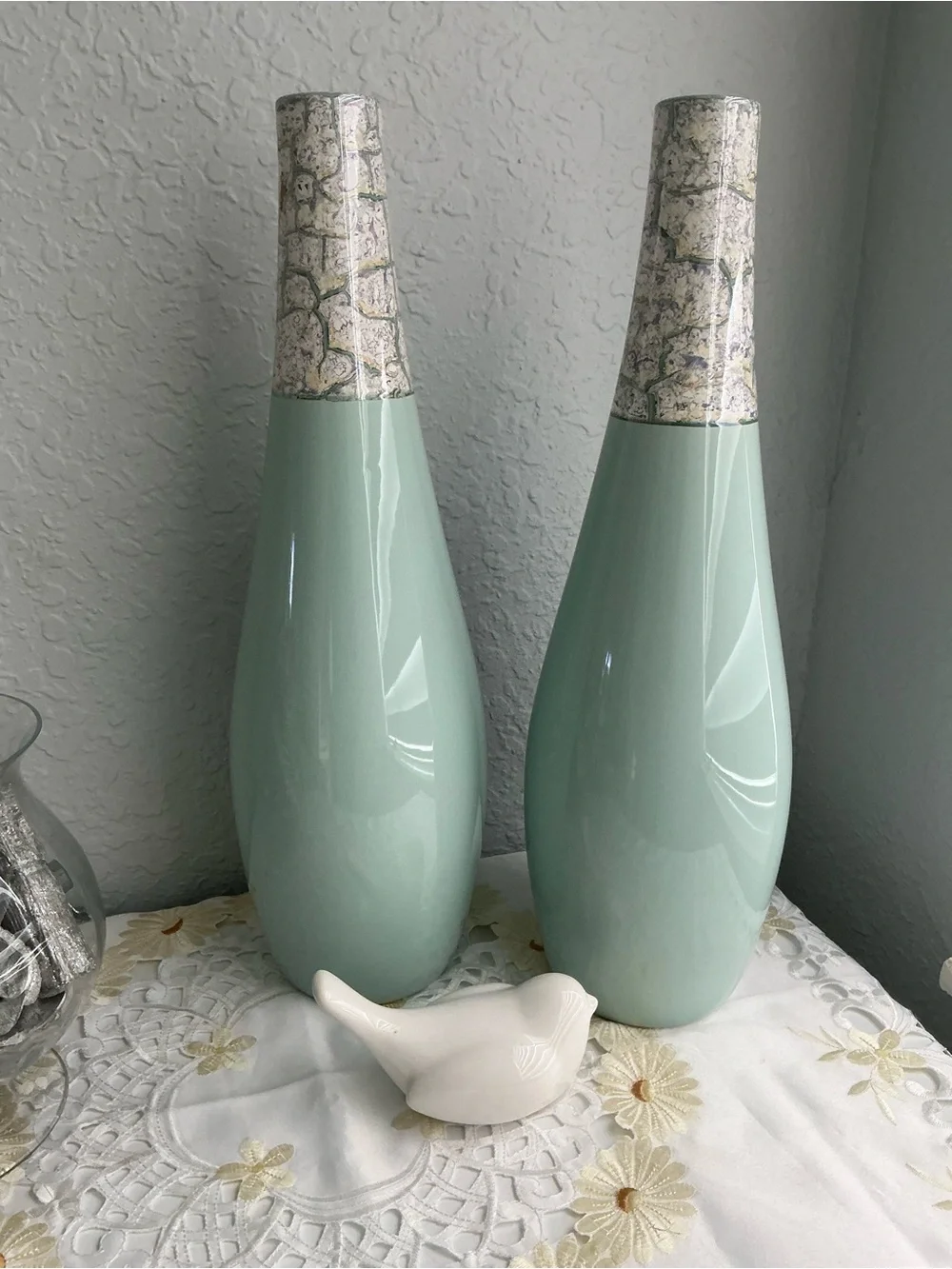 Mint Ceramic Decorative Vases with Textured Cream Neck